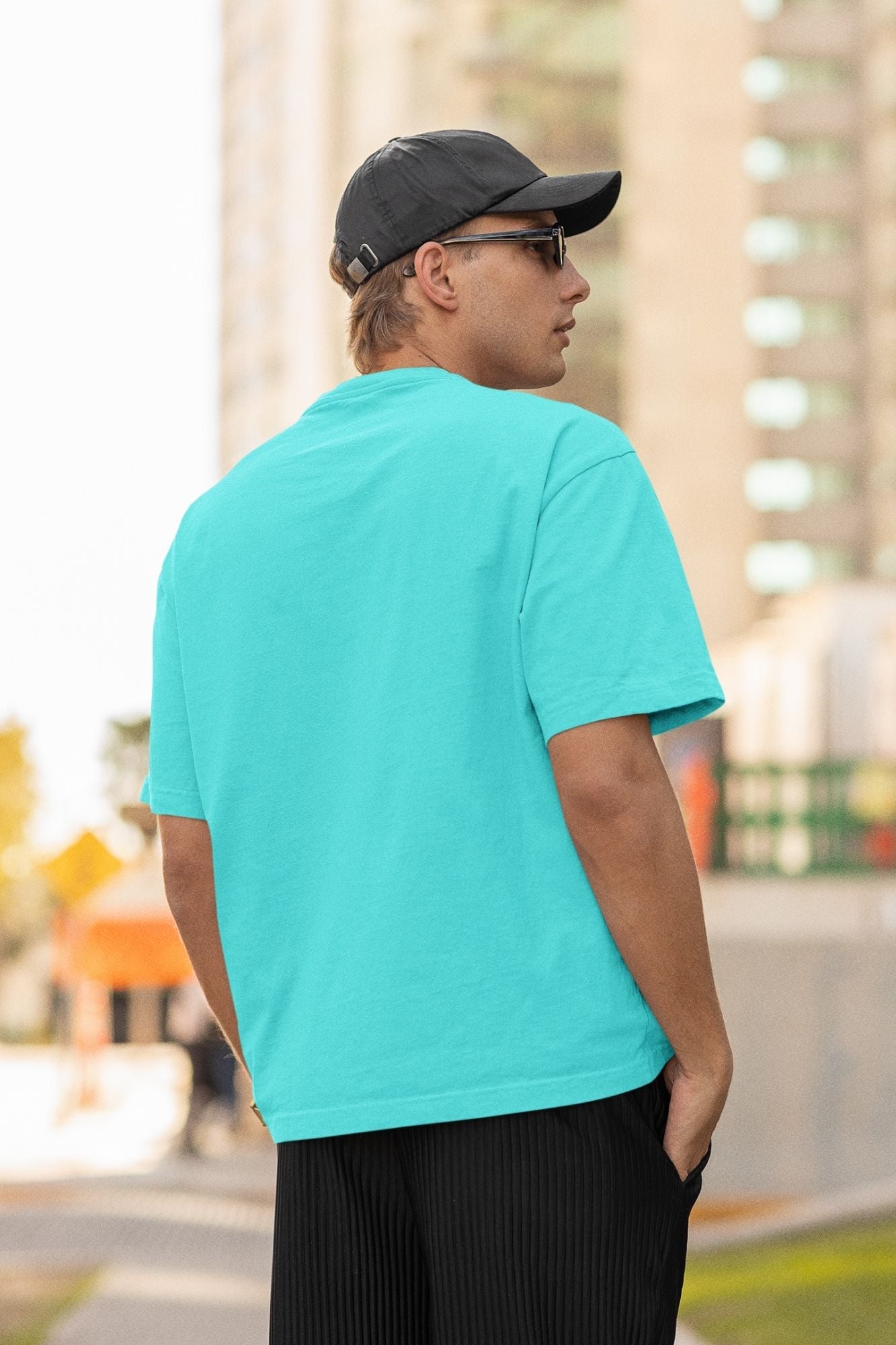 Men's Boxy Fit Solid Cyan T-Shirt