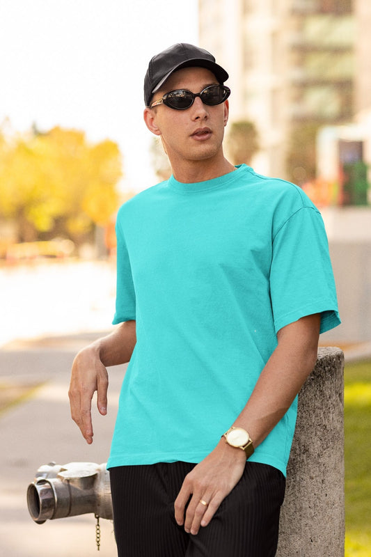 Men's Boxy Fit Solid Cyan T-Shirt