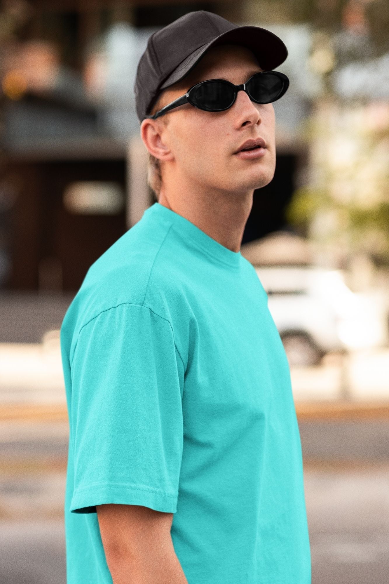 Men's Boxy Fit Solid Cyan T-Shirt