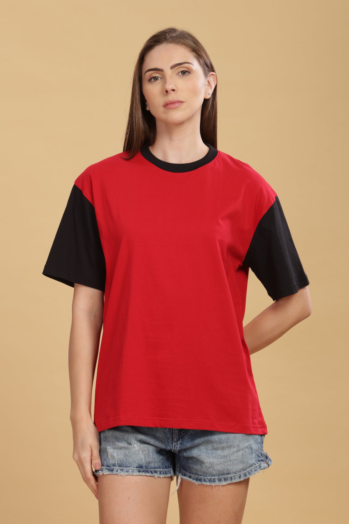 Women's Boxy Fit Solid Red Black T-Shirt