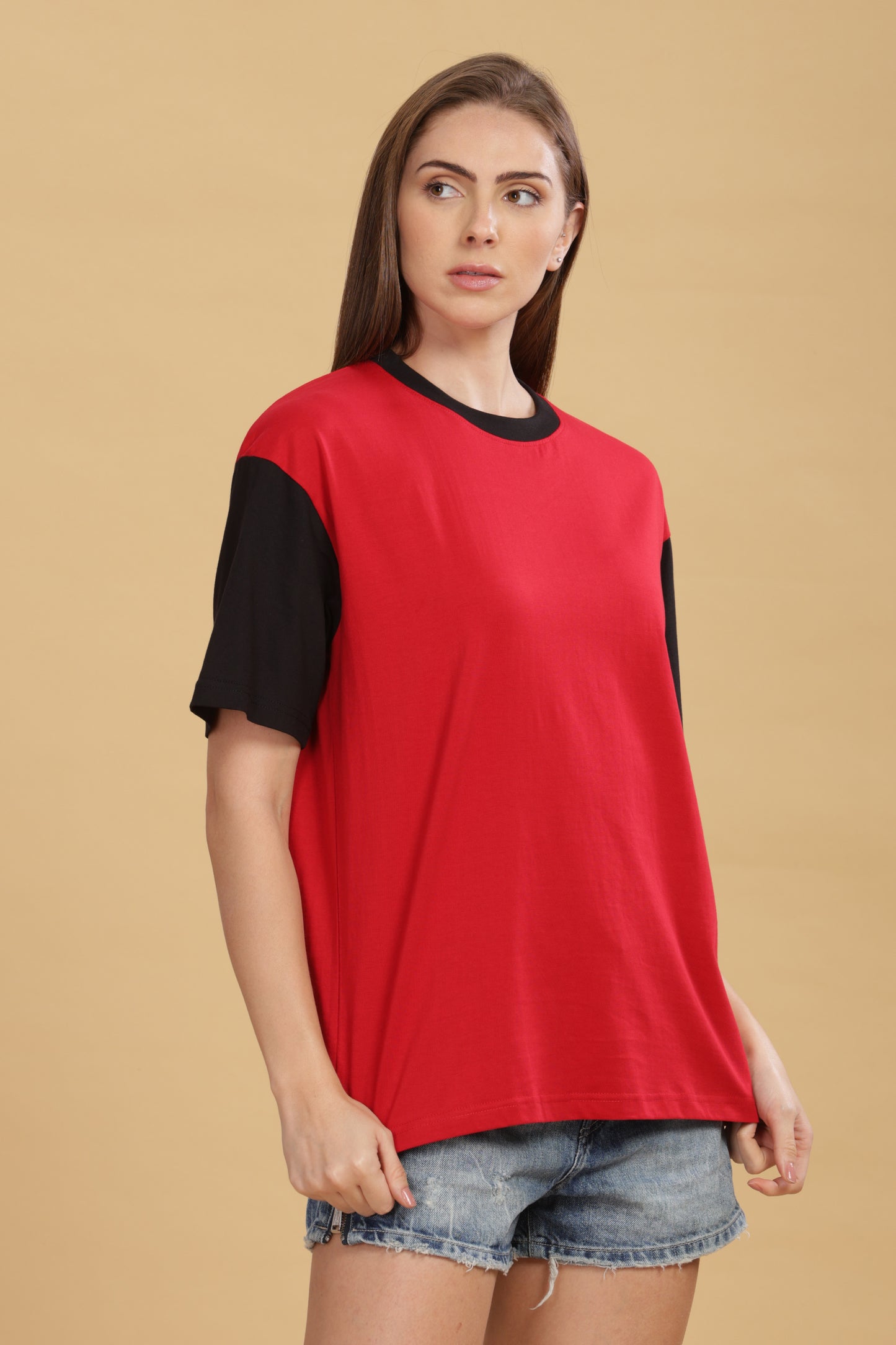 Women's Boxy Fit Solid Red Black T-Shirt