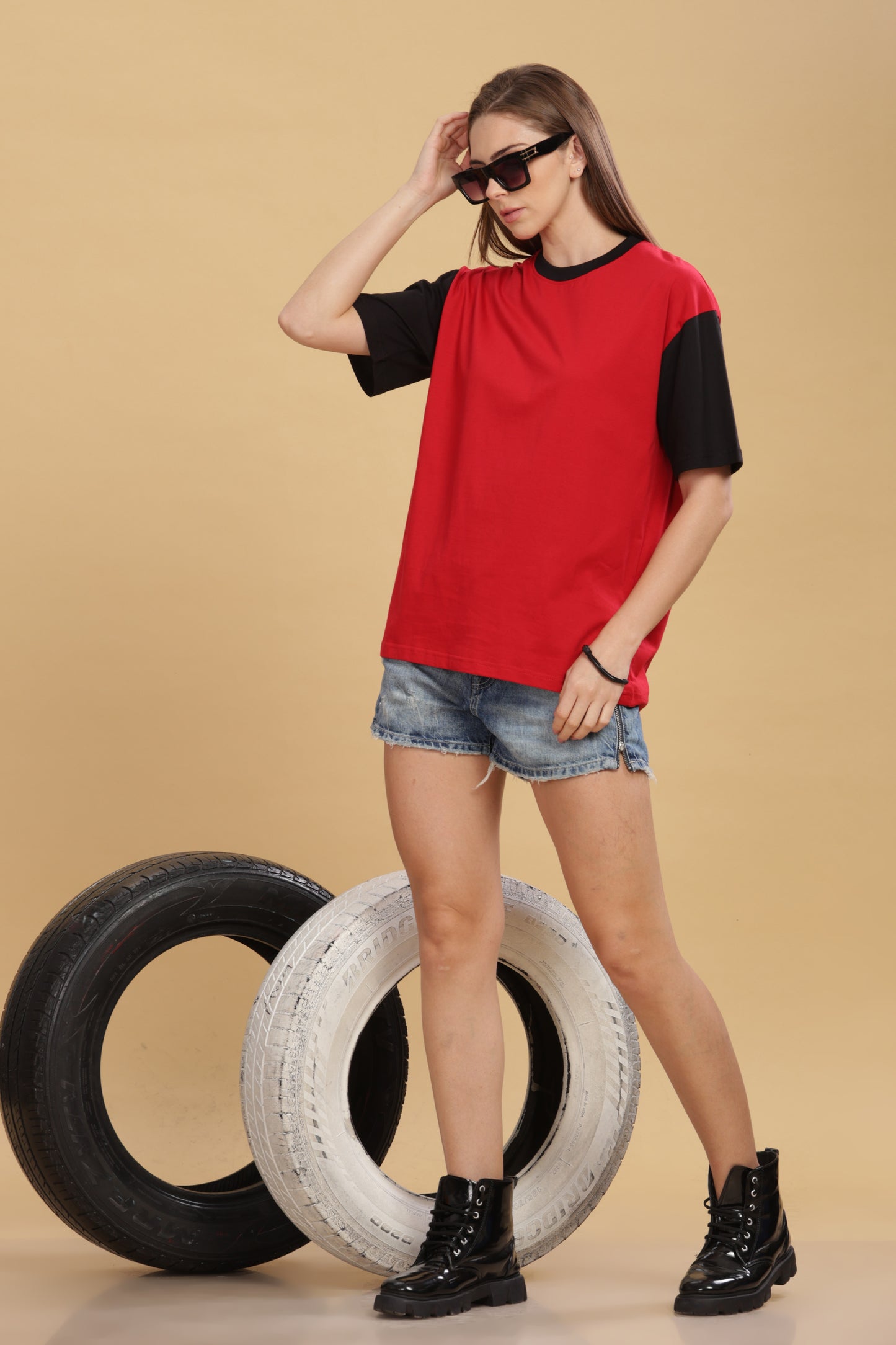 Women's Boxy Fit Solid Red Black T-Shirt