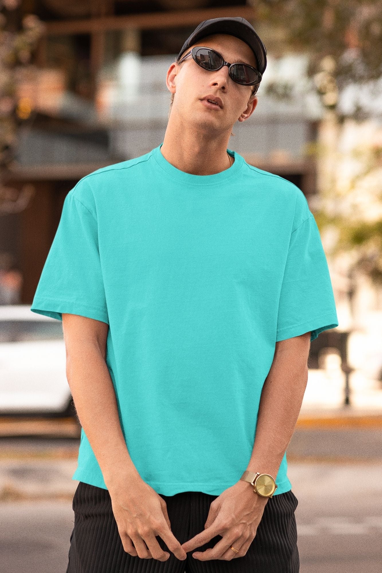 Men's Boxy Fit Solid Cyan T-Shirt