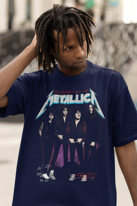 Navy Blue Oversized Tshirt Metallica Print