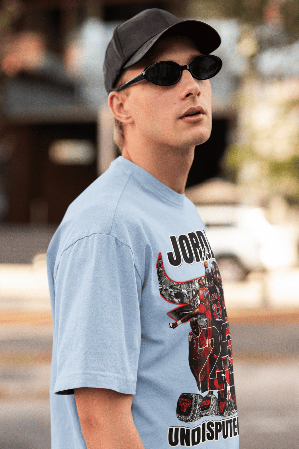 Side View of Oversized Tee Michael Jordan in Baby Blue color