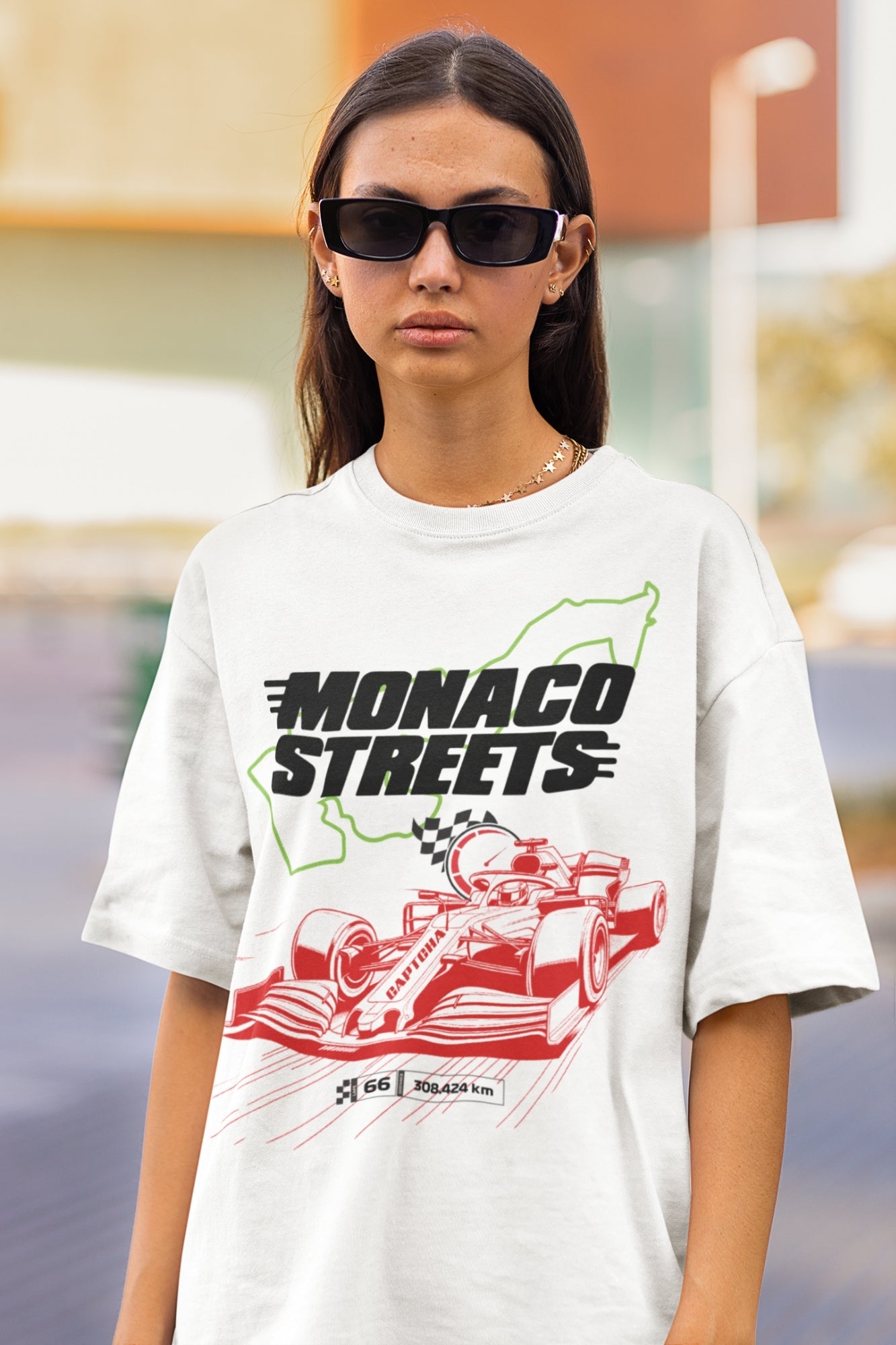 White Oversized Tee for Women with Formula Race Print