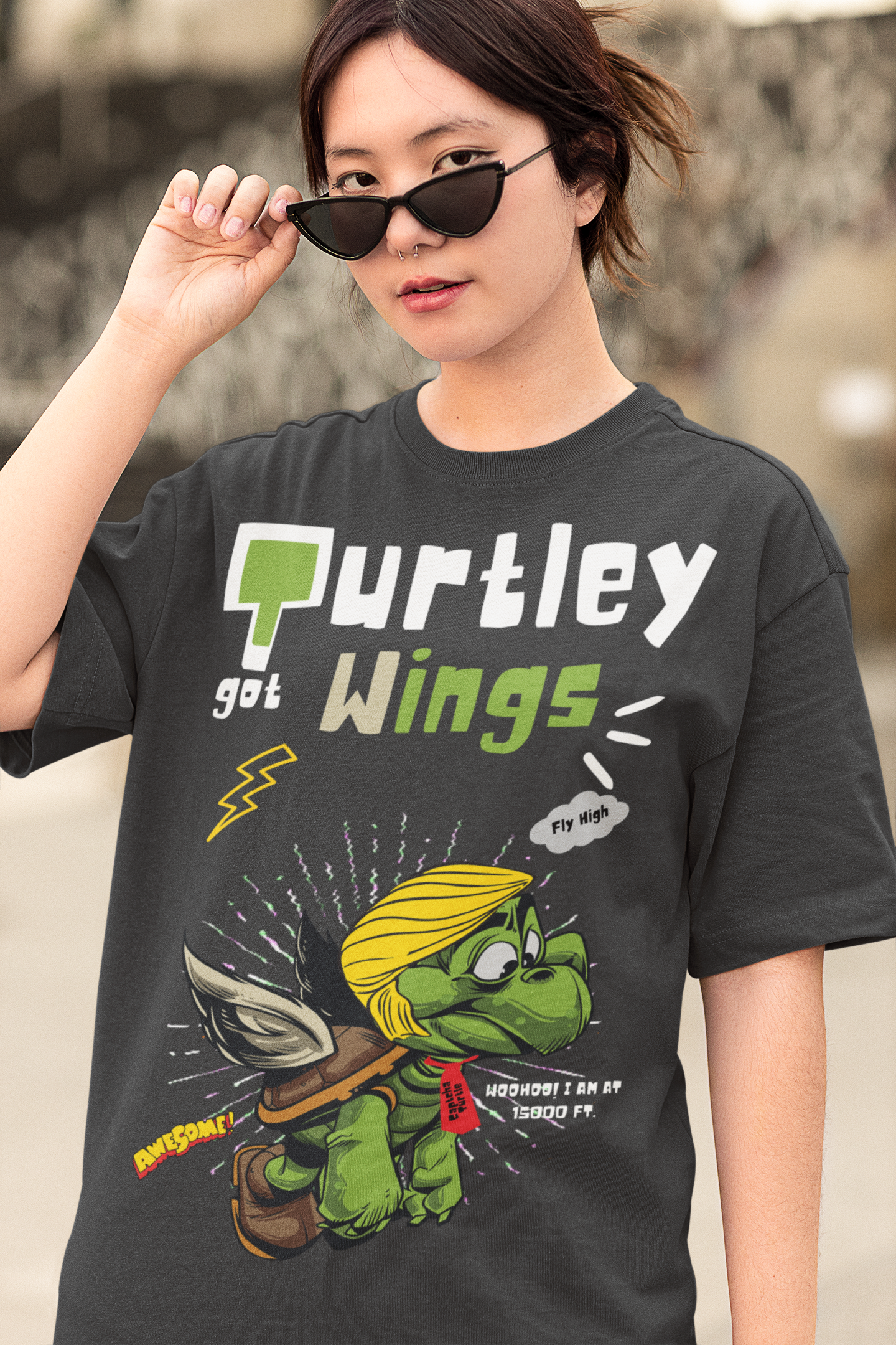 Women's Oversized T-shirt in Meteor Grey - Turtle Got Wings CAPTCHA