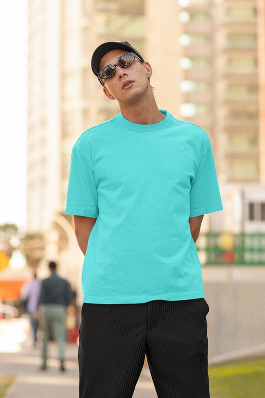 Men's Boxy Fit Solid Cyan T-Shirt