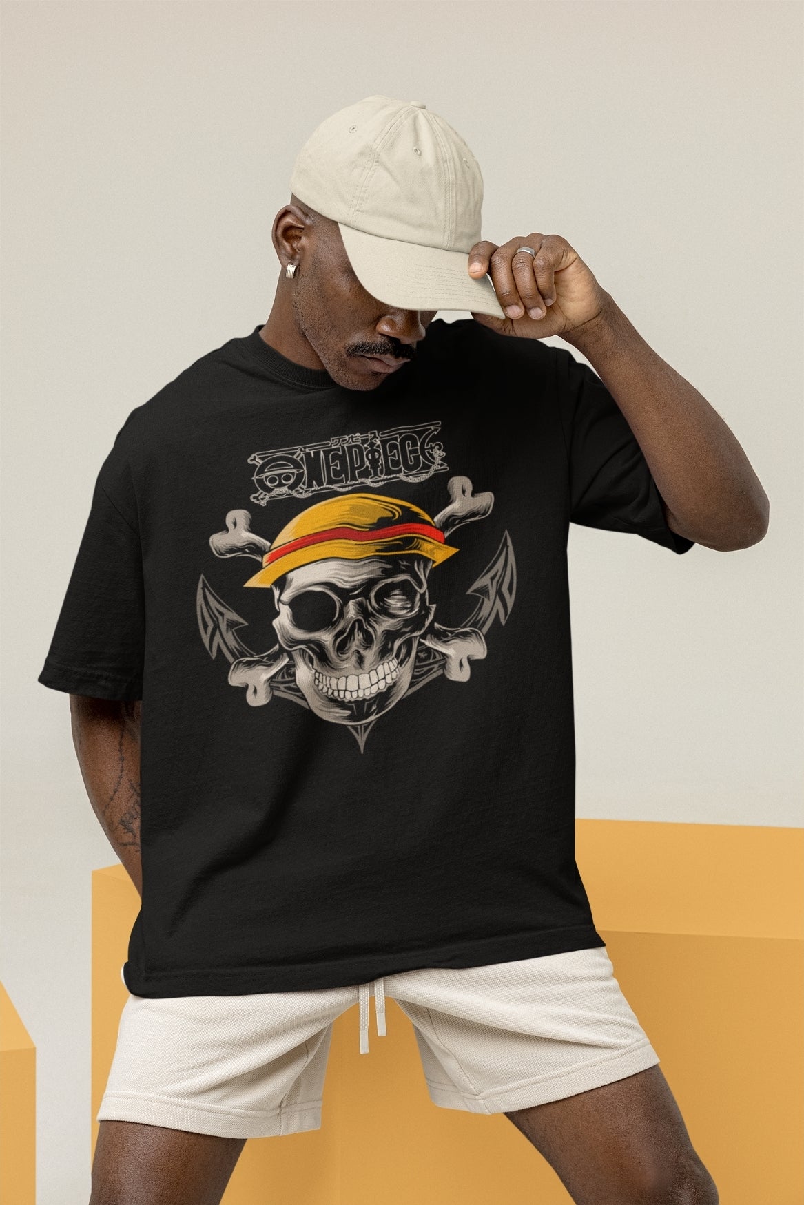 Men's Black Oversized T-shirt - One Piece Pirate Skull | Anime