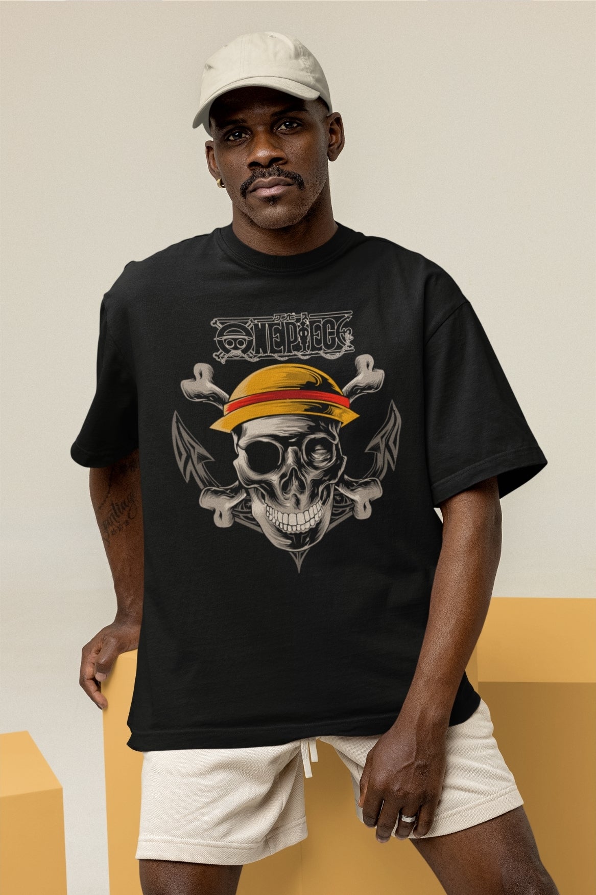 Men's Black Oversized T-shirt - One Piece Pirate Skull | Anime