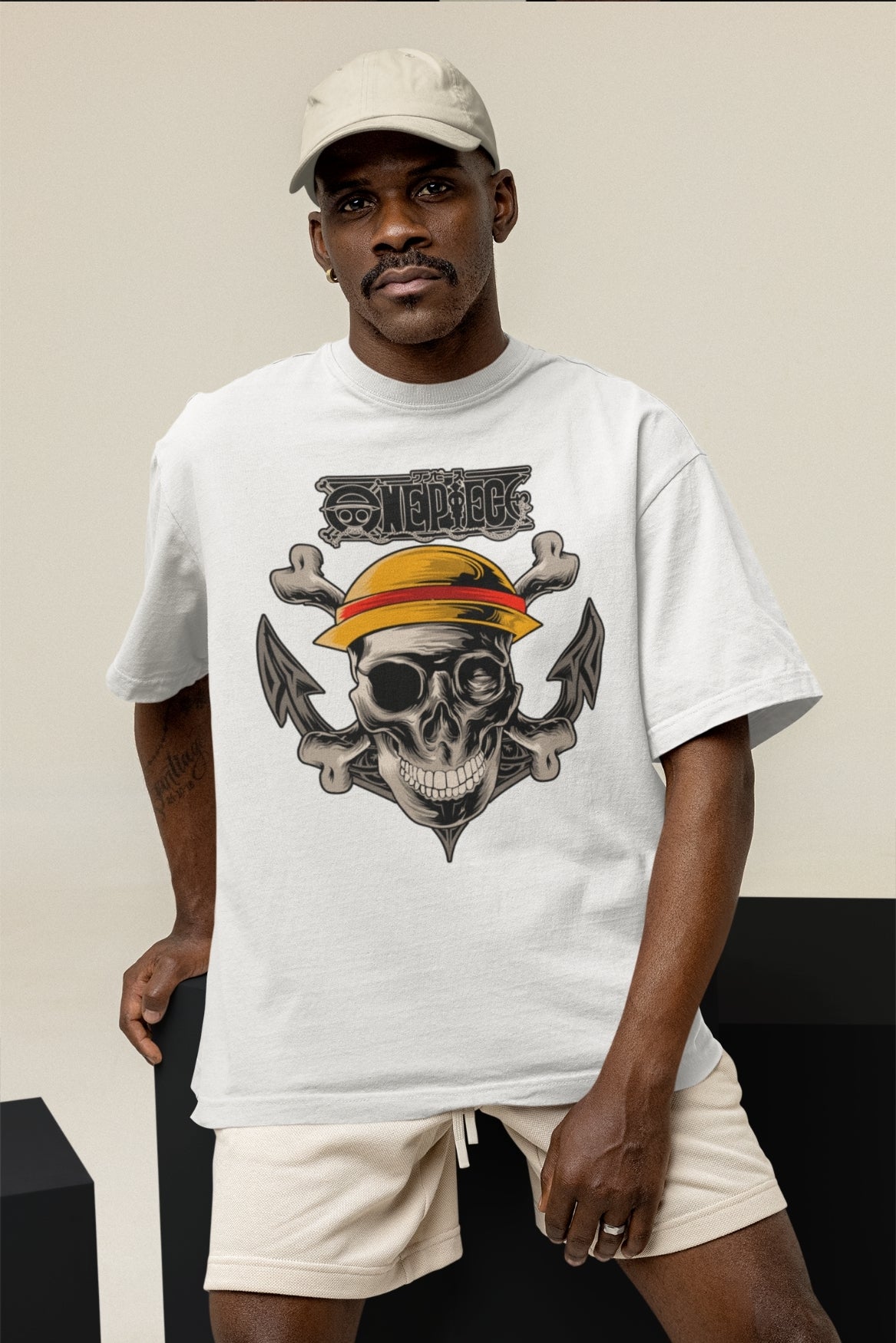 Men's White Oversized T-shirt - One Piece Pirate Skull | Anime