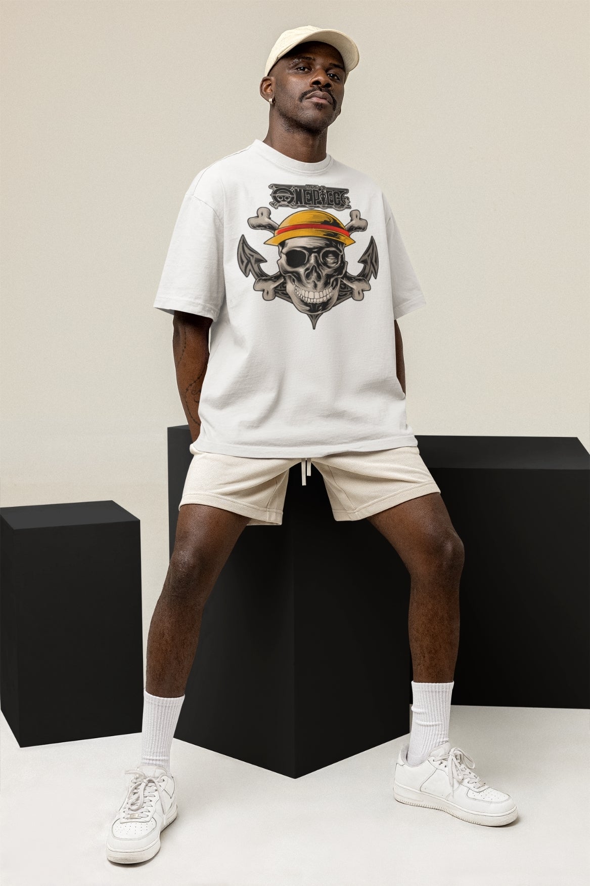Men's White Oversized T-shirt - One Piece Pirate Skull | Anime