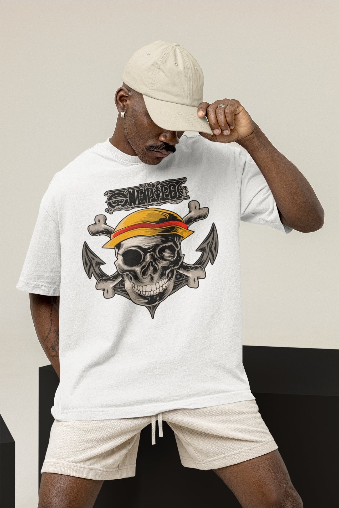 Men's White Oversized T-shirt - One Piece Pirate Skull | Anime