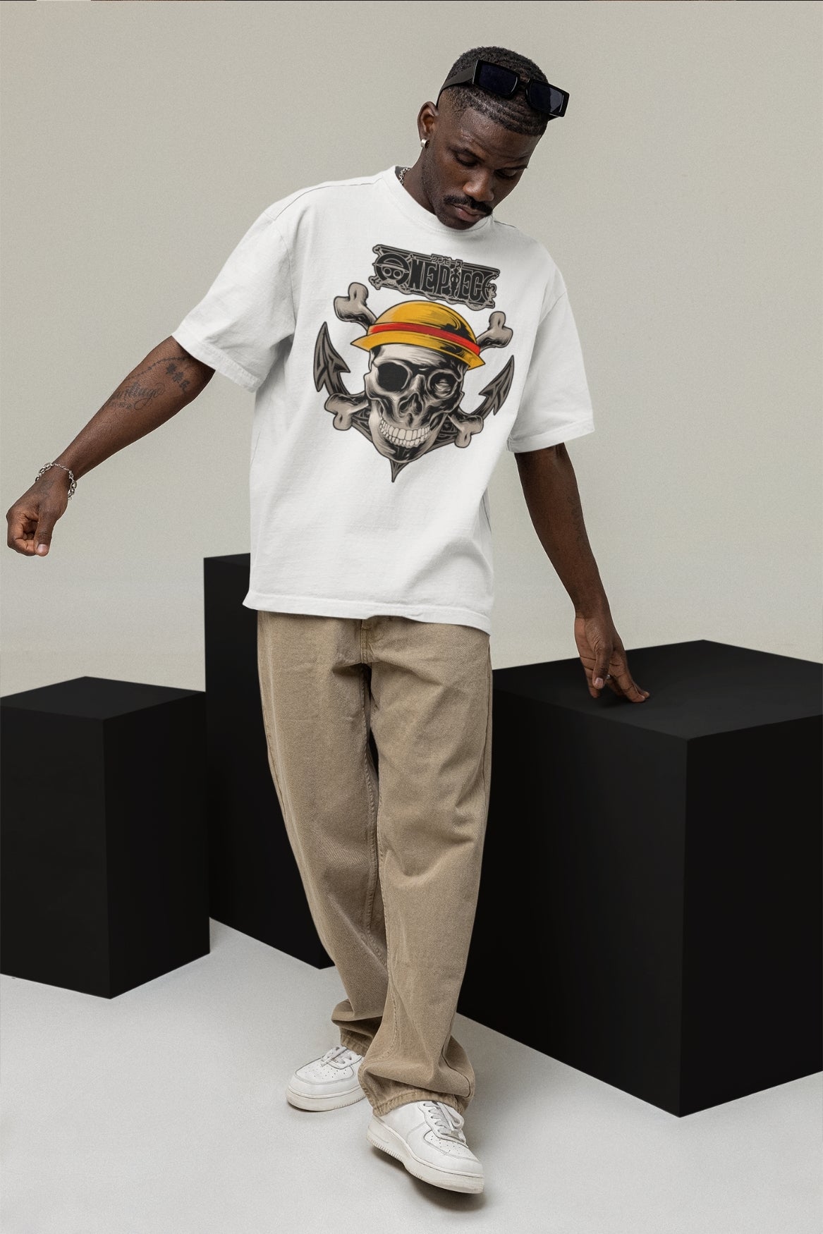 Men's White Oversized T-shirt - One Piece Pirate Skull | Anime