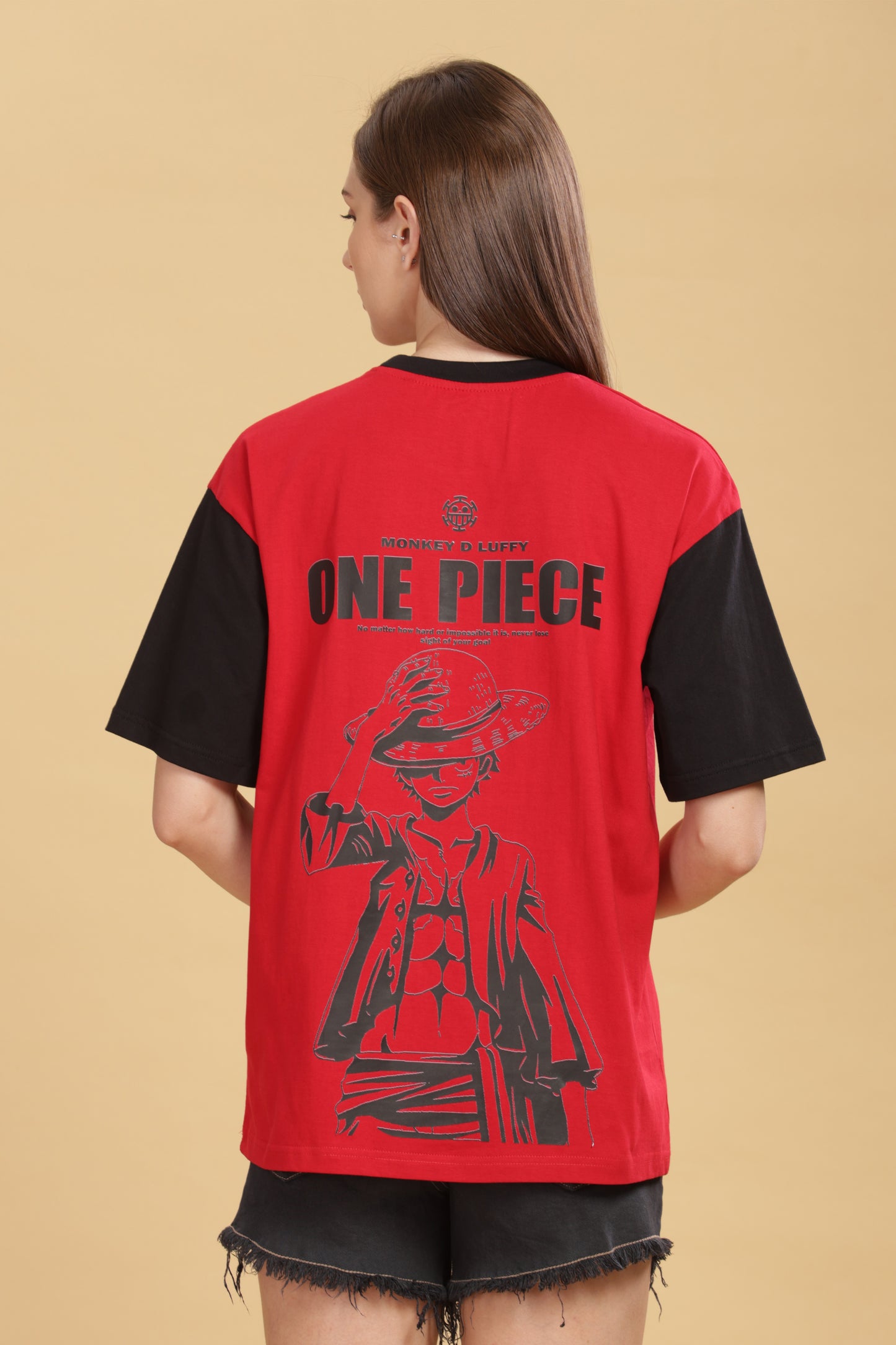 Women's Red Black Oversized T-shirt - Monkey Luffy | Anime