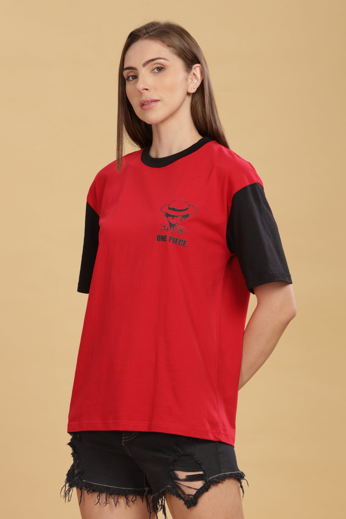 Women's Red Black Oversized T-shirt - Monkey Luffy | Anime