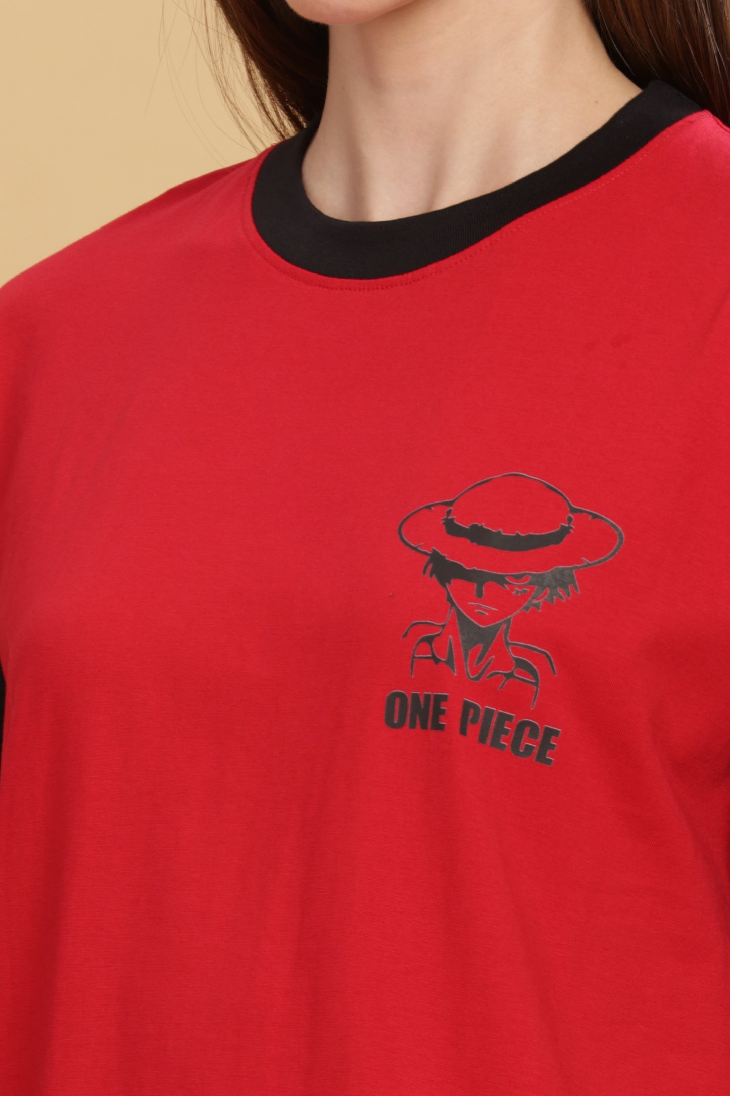 Women's Red Black Oversized T-shirt - Monkey Luffy | Anime
