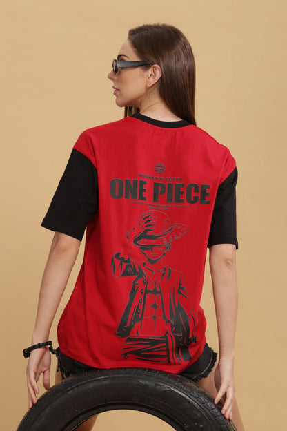 Women's Red Black Oversized T-shirt - Monkey Luffy | Anime
