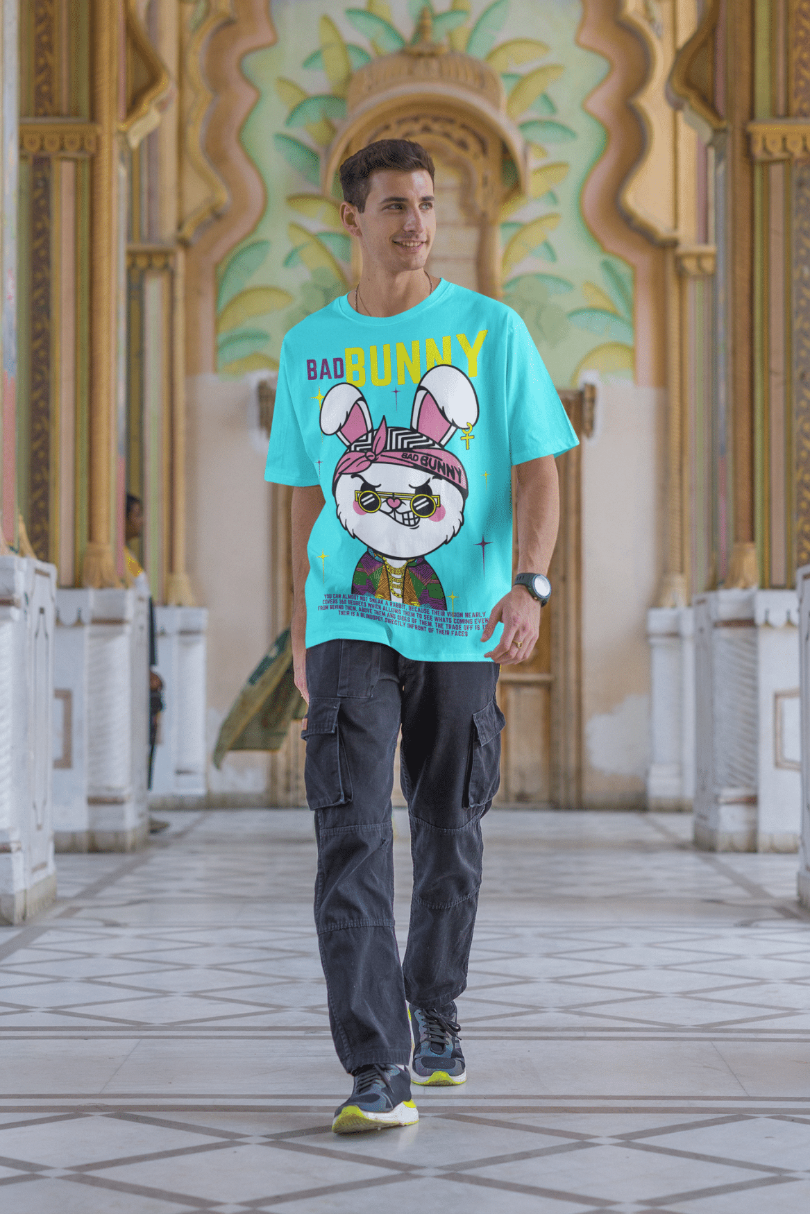 Men's Oversized T-shirt in Cyan - Bad Bunny