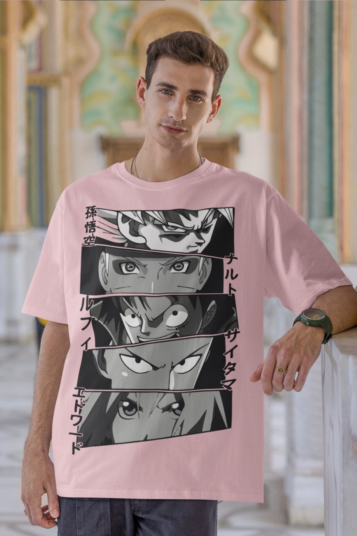 baby pink oversize tshirt with Anime eyes art print