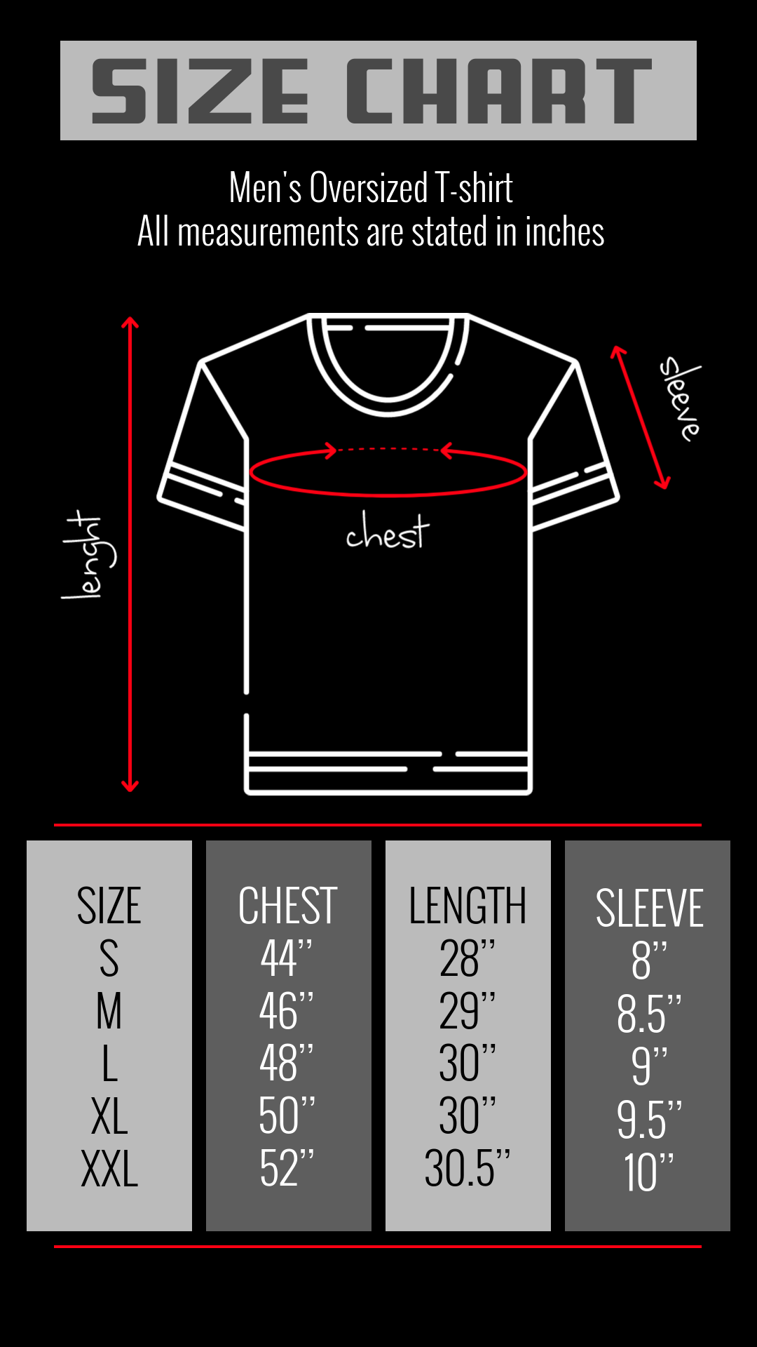 Men Oversized Size Chart