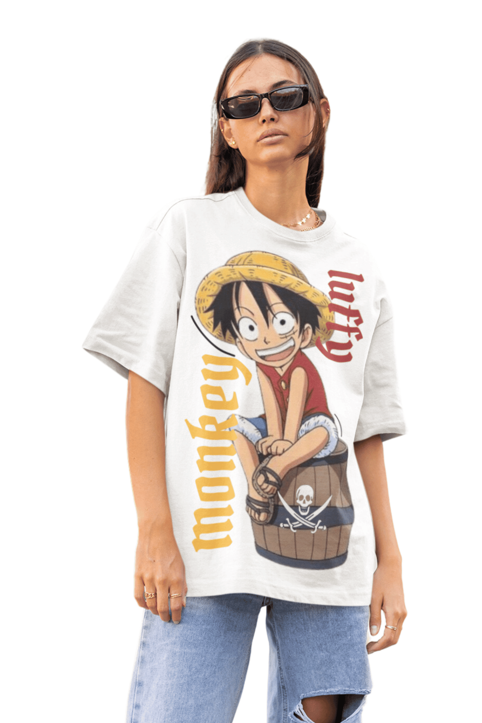 Women s Oversized T shirt in White Monkey Luffy ANIME