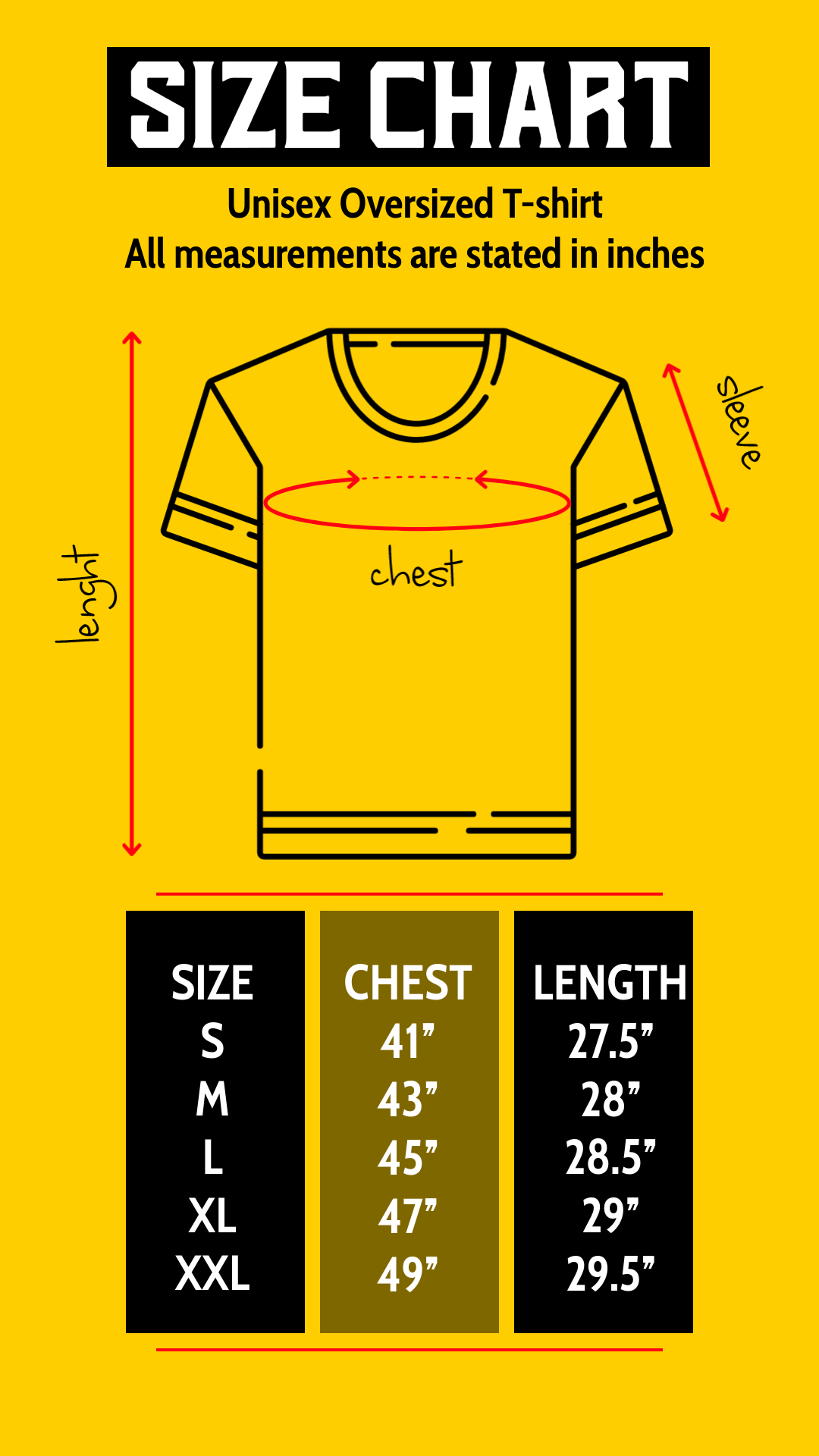 Unisex Oversized Tshirt Size Chart