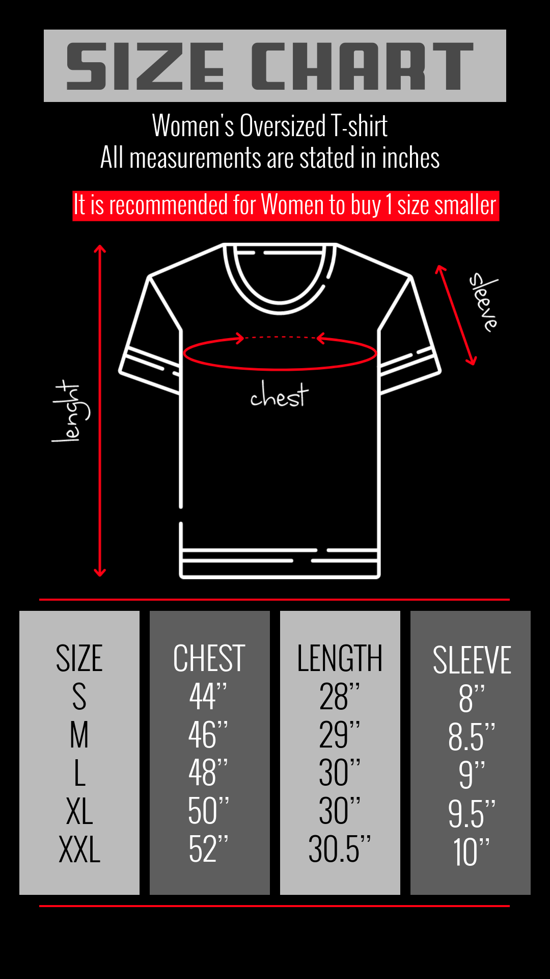 Women Oversized Size Chart