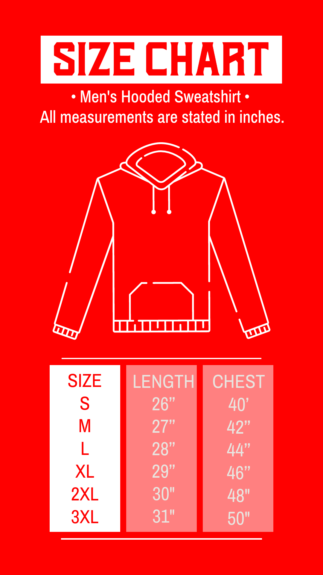 Men's Hooded Sweatshirt Size Chart