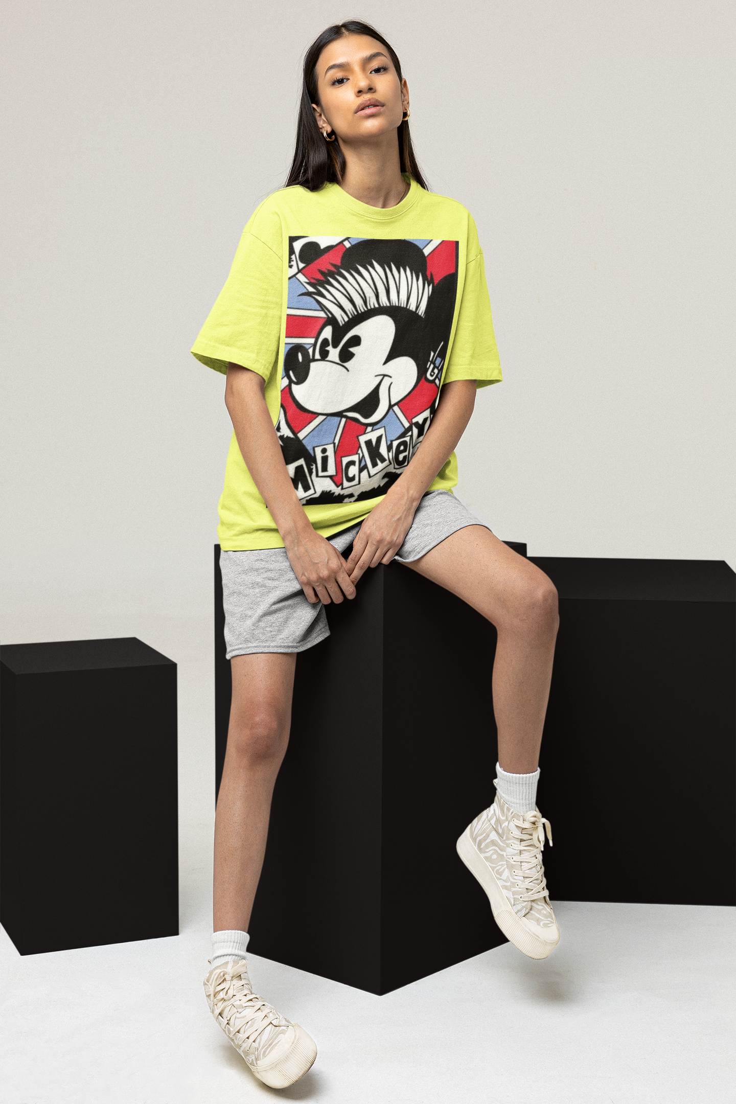 Women s Oversized T shirt in Lemon Yellow Mickey Mouse